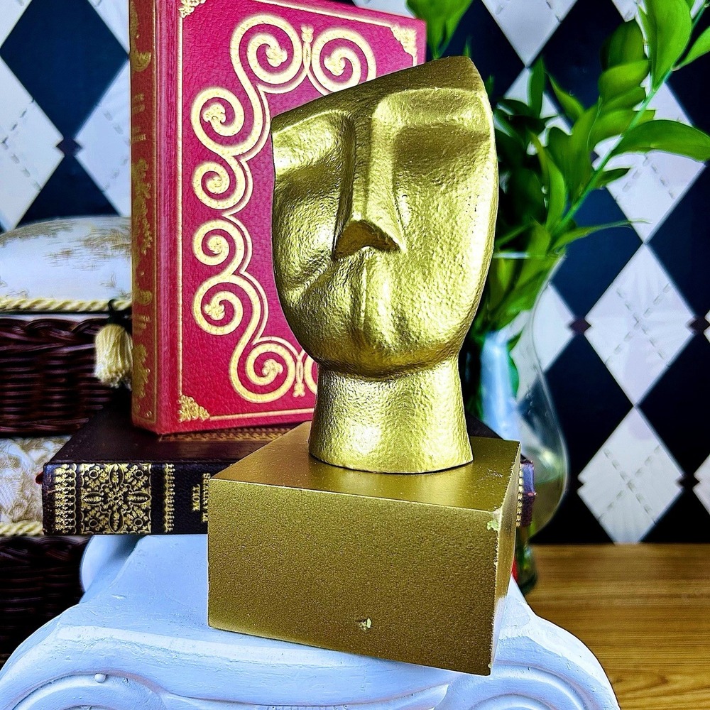 Golden Abstract Face Sculpture Modernist Hollywood Regency Décor